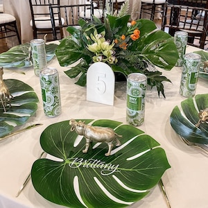 Tropical Leaf Place Mat, Hand Lettered Name, Place Card, Palm Leaf, Monstera, Name Card, Place Setting, Wedding or Shower Tablescape