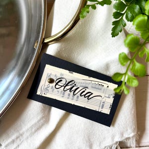 Vintage Sheet Music Place Cards – Hand Lettered Calligraphy Name Tags with Vellum & Brass Brad, Wedding Escort or Table Decor, Special Event