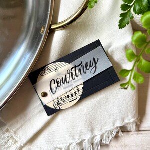 Vintage Sheet Music Place Cards – Hand Lettered Calligraphy Name Tags with Vellum & Brass Brad, Wedding Escort or Table Decor, Special Event