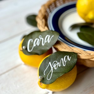 REAL Lemon Leaf place cards, place cards, citrus theme wedding, place setting, table scape, lettering on leaves, hand lettered, white ink