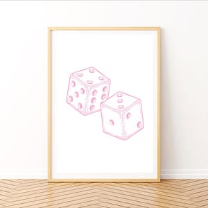 May include: Two pink dice with black dots, drawn in a line art style, on a white background.
