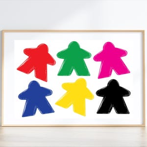 Board Game Art - Printable digital file for Posters, Photo Frames. Wall Art, Digital Print, Game Room Art, Gamer Decor Print. Meeple Colors.