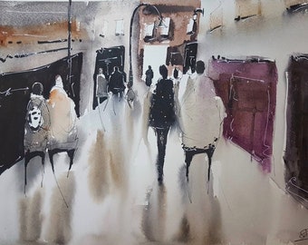 BROWN PAINTING - Cityscape and people