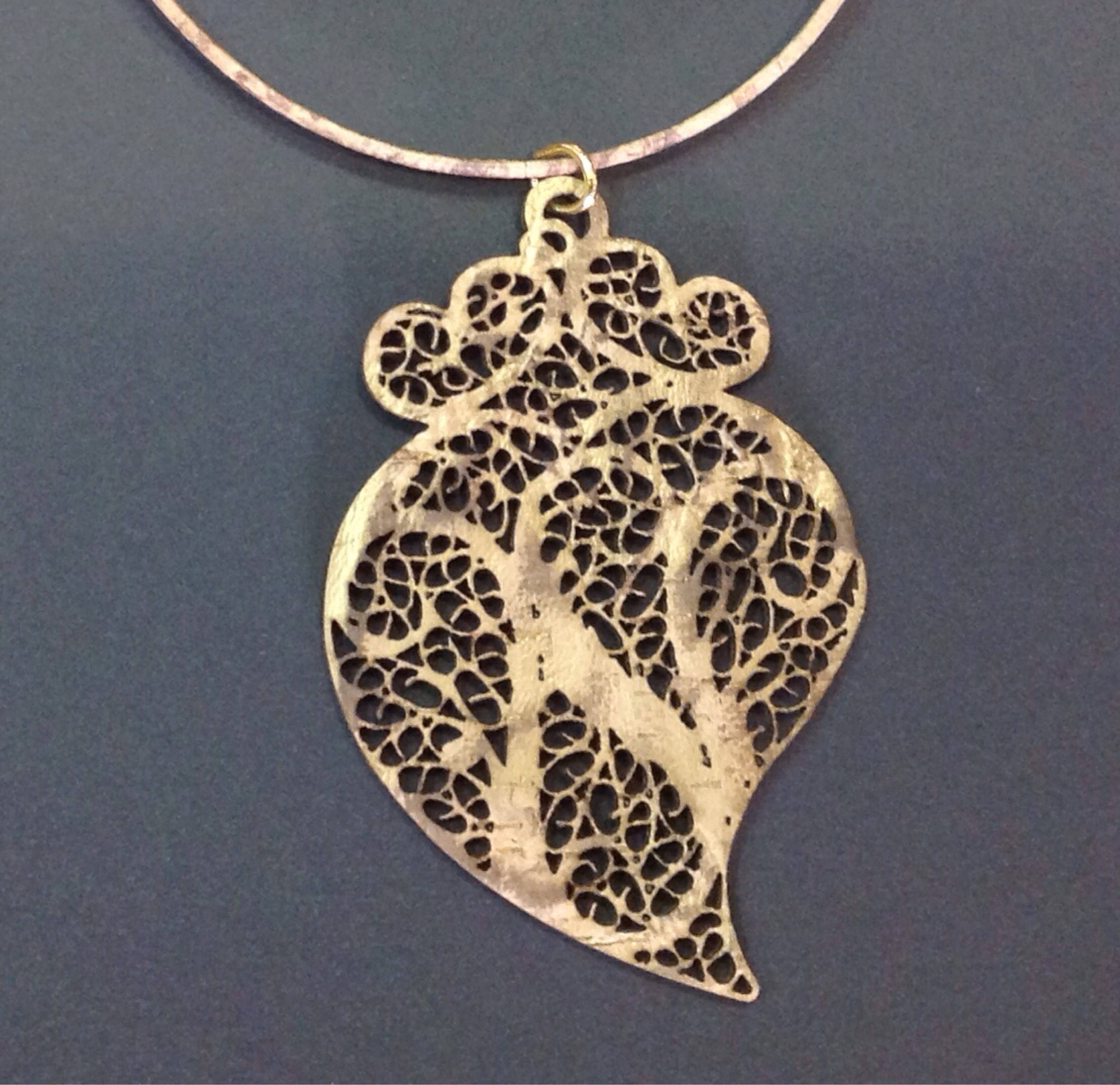 Cork necklace with Cork filigree heart Vegan Eco Friendly