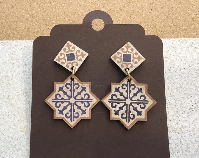 Cork earrings wall tile, azulejo, Vegan, Eco Friendly, cruelty free