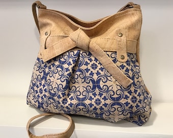Cork bag with bow tie and azulejos, Vegan, Eco Friendly, cruelty free