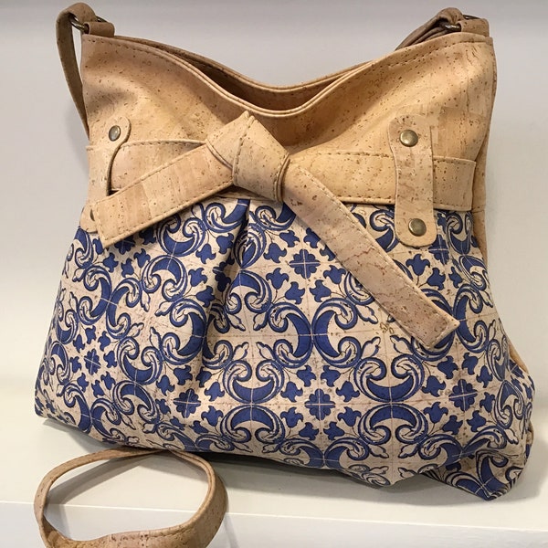 Cork bag with bow tie and azulejos, Vegan, Eco Friendly, cruelty free