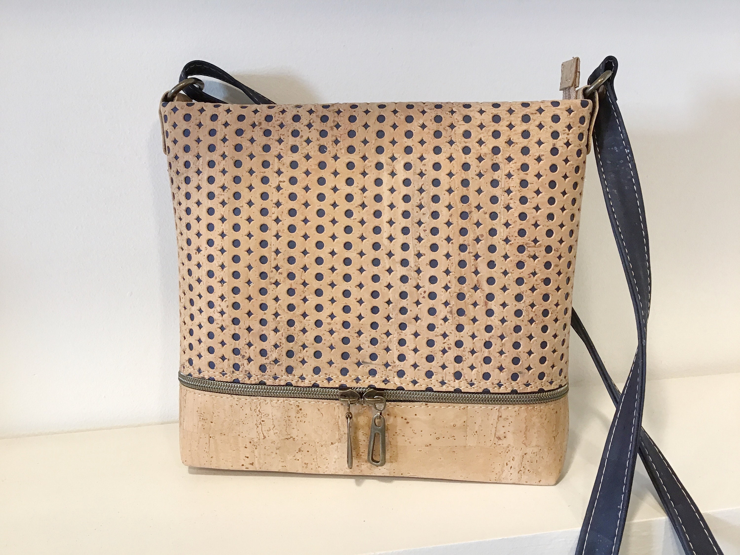 Cork shoulder/cross body bag, natural and blue, vegan, Eco friendly