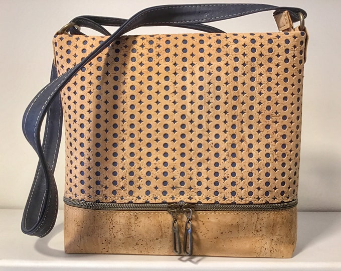 Cork shoulder/cross body bag, natural and blue, vegan, Eco friendly