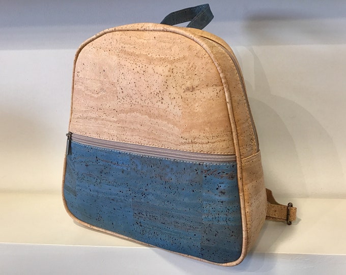 Cork back pack, natural and blue cork, Vegan, Eco Friendly, Cruelty Free, Rucksack, Sac a Dos