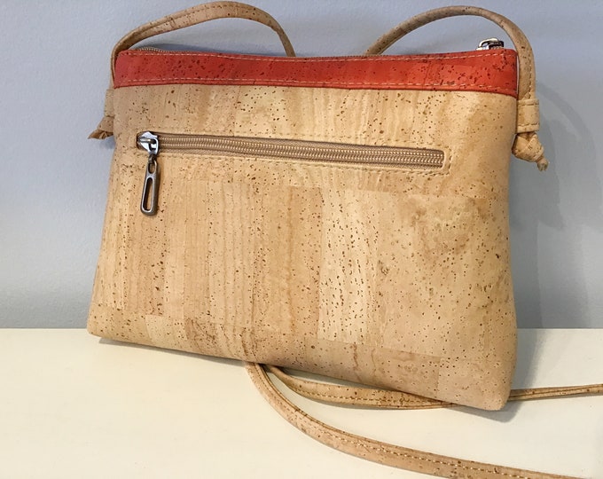 Cork cross body / shoulder bag, natural and red cork, Vegan, Cruelty free, Eco Friendly