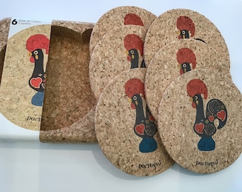 Cork coasters, 6 in a box, Portuguese rooster, Vegan, Eco Friendly, Cruelty Free, Free shipping