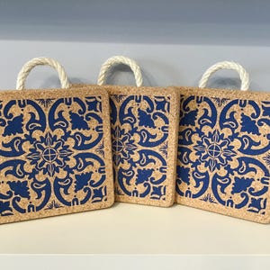 Portuguese blue wall tile Cork hot base with rope, one, Vegan, Eco Friendly