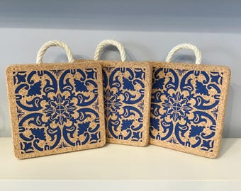 Portuguese blue wall tile Cork hot base with rope, one, Vegan, Eco Friendly