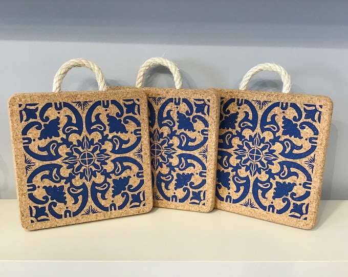Portuguese blue wall tile Cork hot base with rope, one, Vegan, Eco Friendly