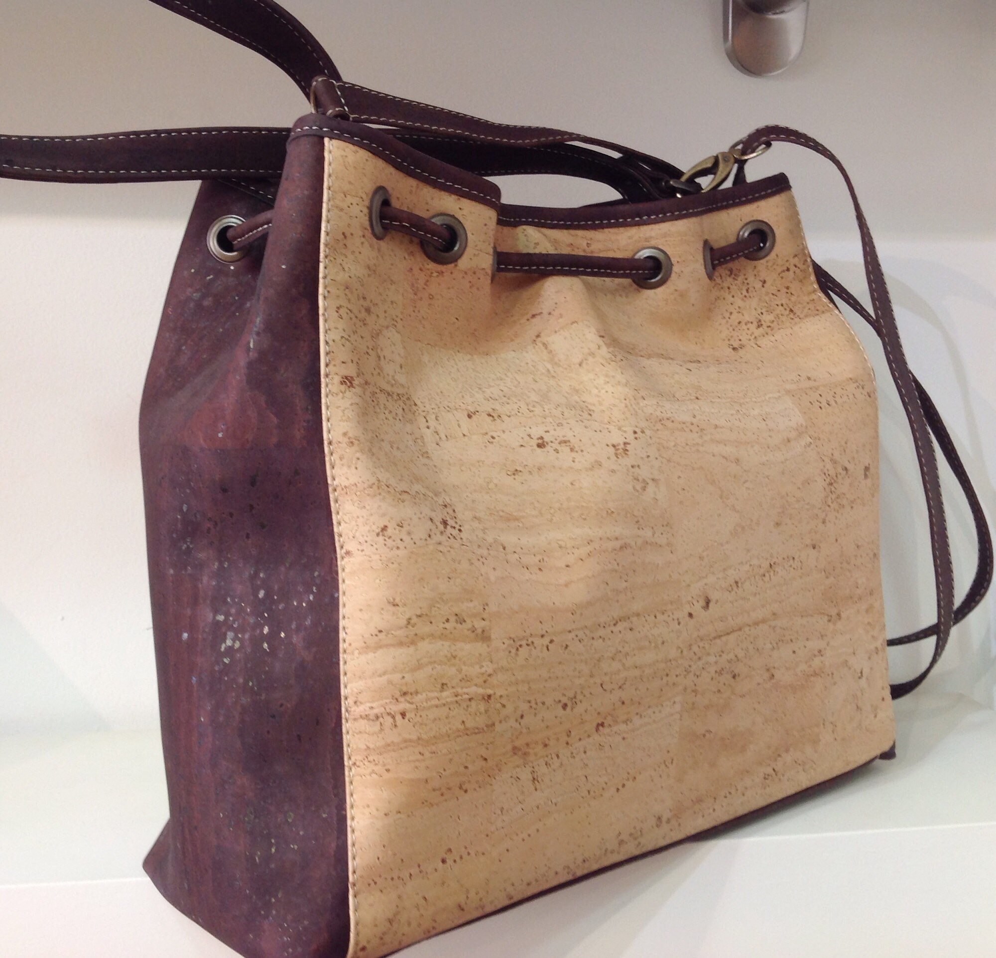 Cork shoulder bag, natural and brown cork combination Vegan Eco