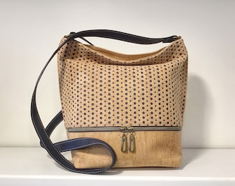 Cork shoulder bag, natural and blue cork, Vegan, Cruelty Free, Eco Friendly