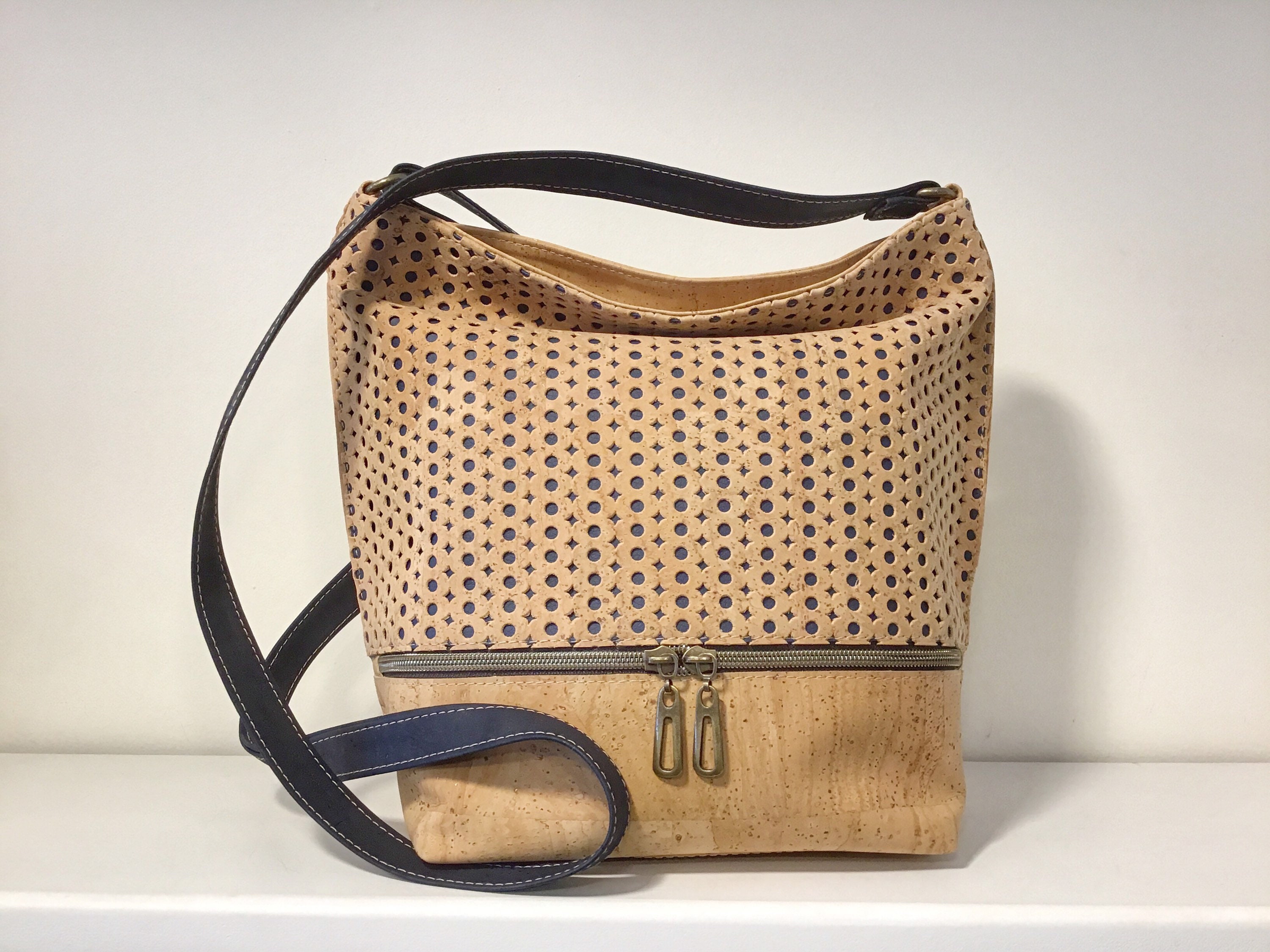 Cork shoulder bag, natural and blue cork, Vegan, Cruelty Free, Eco Friendly