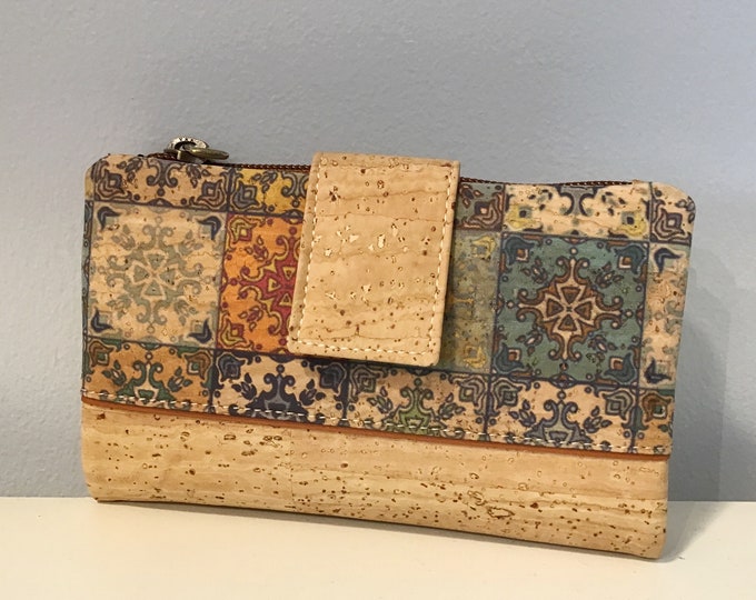 Cork wallet, natural with Portuguese wall tile, Azulejo, Vegan, cruelty free, Eco Friendly