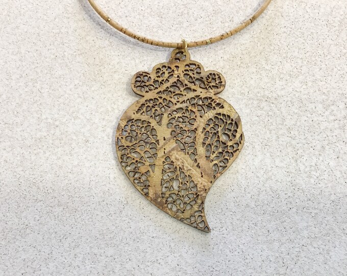 Cork necklace with Cork filigree heart, Vegan, Eco Friendly, Cruelty Free, Free shipping