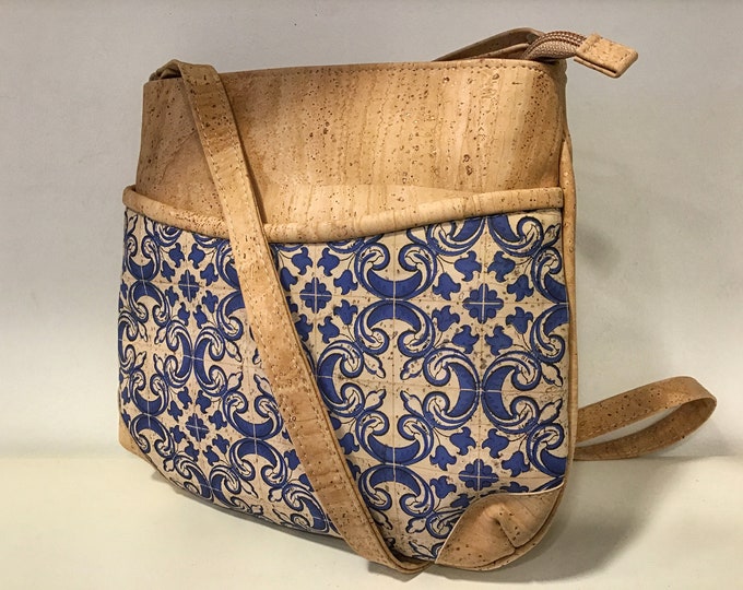 Cork bag, superior quality with blue wall tile / azulejo cork, Vegan