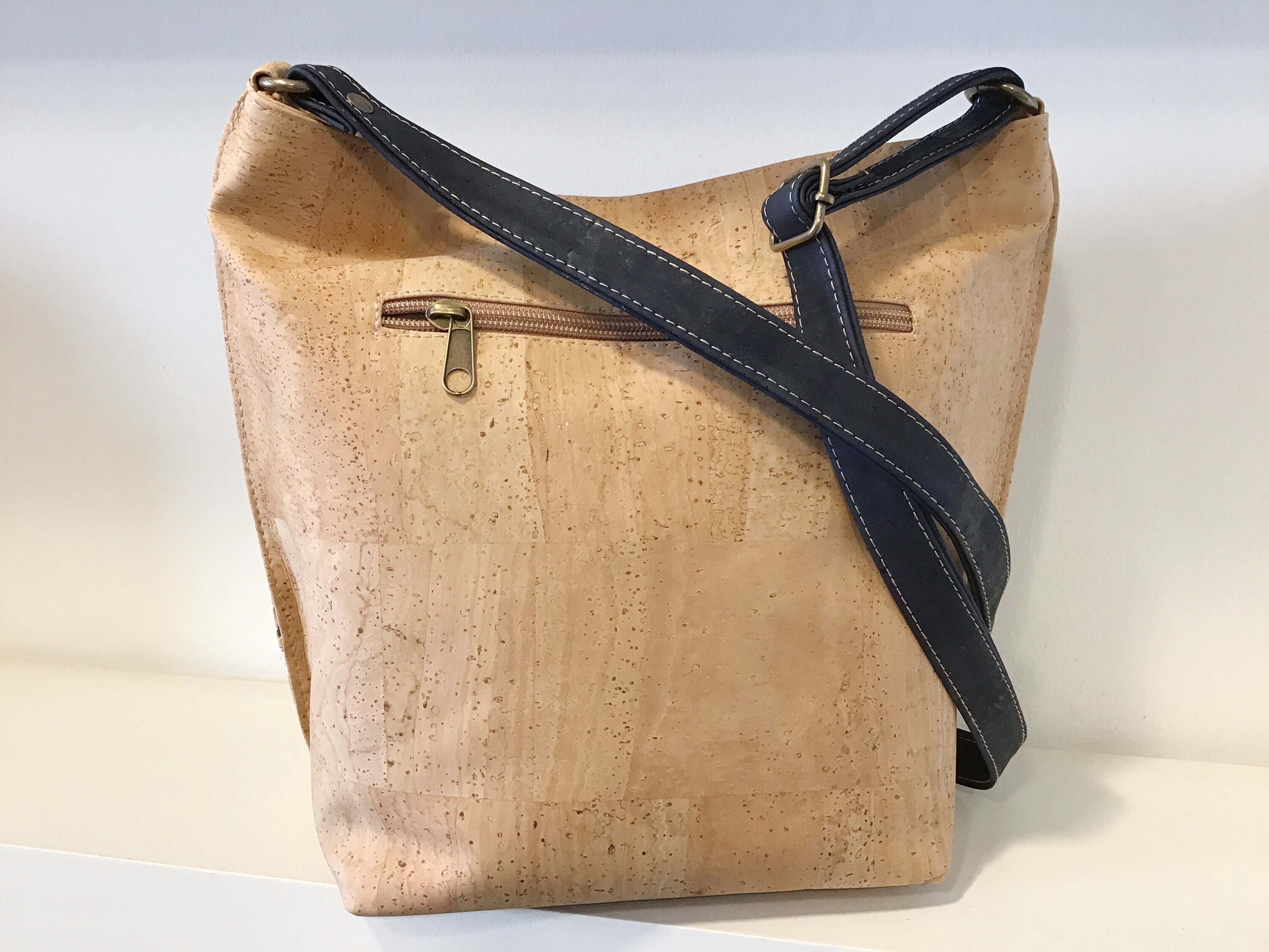 Cork shoulder bag, natural and blue cork, Vegan, Cruelty Free, Eco Friendly