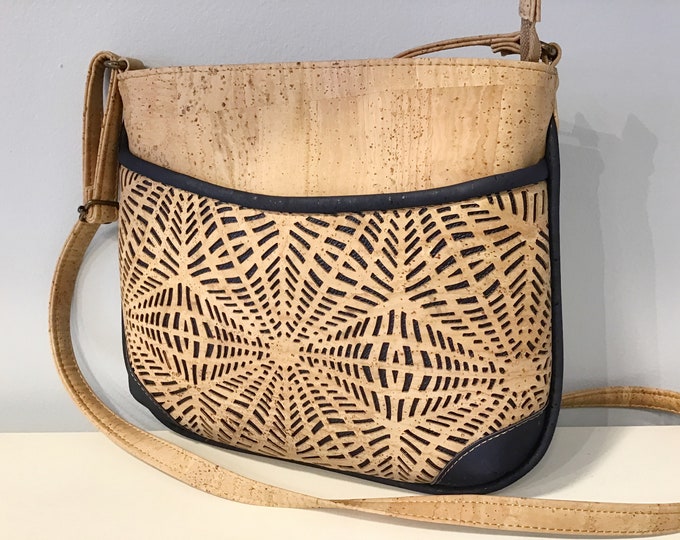 Cork shoulder/cross body bag, natural and navy, vegan, cruelty free, Eco Friendly