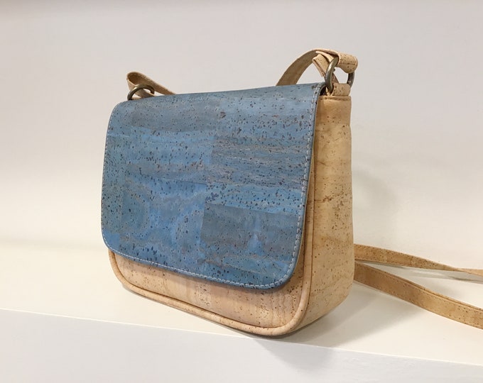 Cork bag in Natural and Blue, Vegan, Cruelty free, Eco Friendly