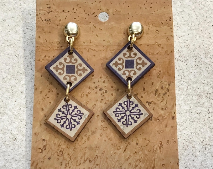 Cork earrings wall tile, azulejo, Vegan, Eco Friendly, cruelty free