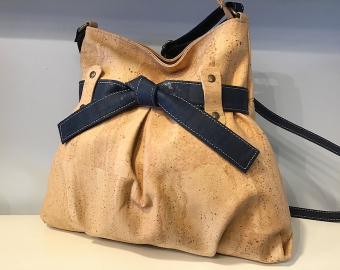 Cork shoulder bag, Natural and blue cork combination, Vegan, Cruelty free, Eco Friendly