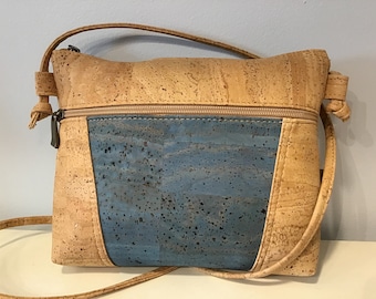 Cork cross body / shoulder bag, natural and blue  cork, Vegan, Cruelty free, Eco Friendly