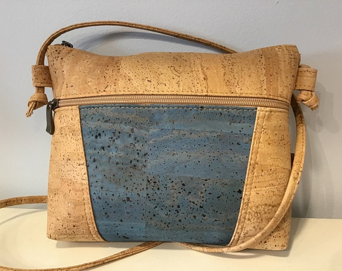 Cork cross body / shoulder bag, natural and blue  cork, Vegan, Cruelty free, Eco Friendly