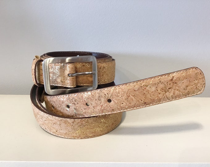 Cork Vegan belt, Natural and gold, 30mm, cruelty free, exact measurements in description