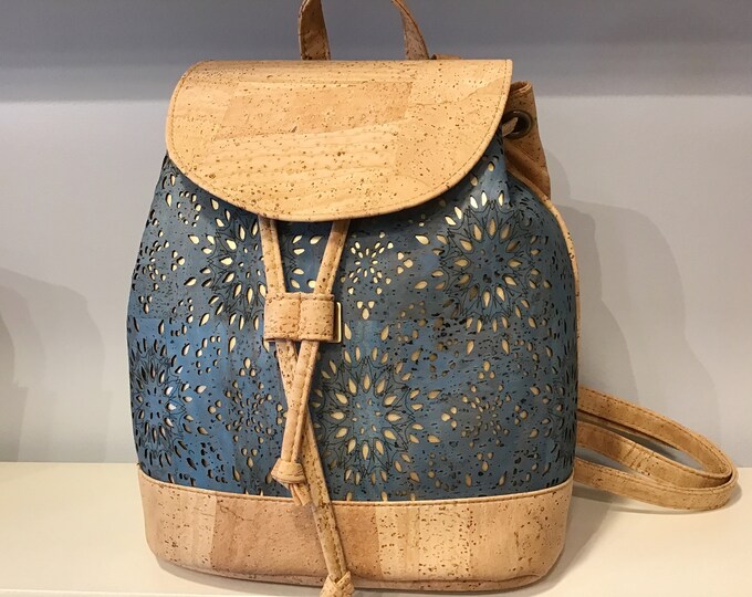 Cork back pack, natural and blue, vegan, Eco Friendly, cruelty free