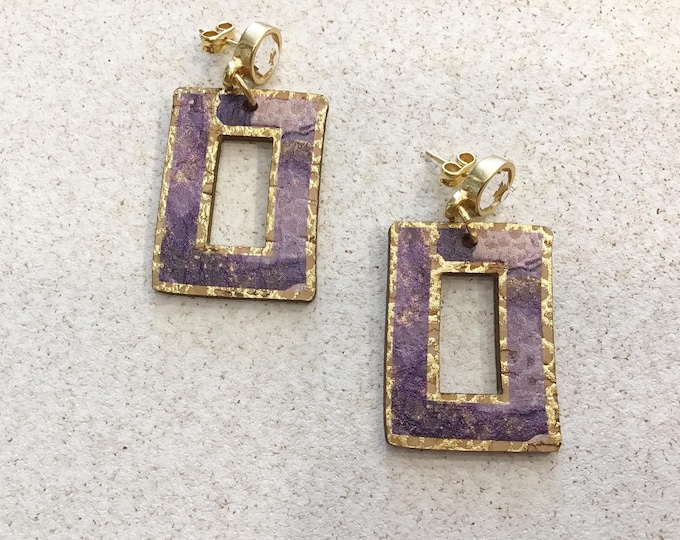 Cork earrings, purple and gold, Vegan, Eco Friendly, cruelty free