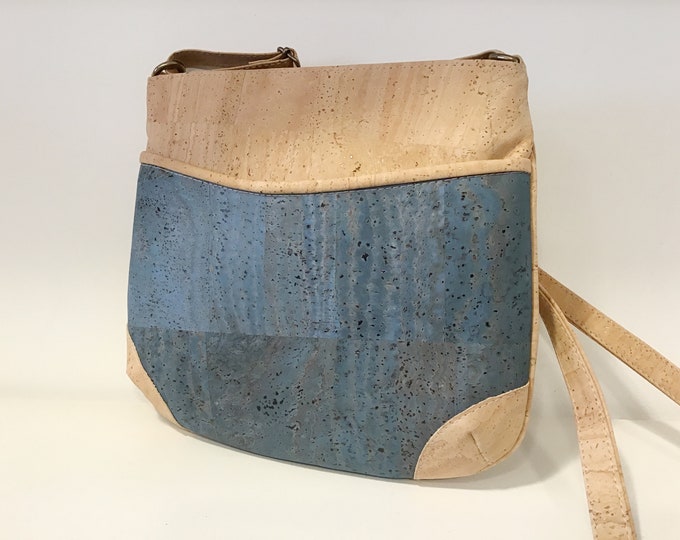 Cork shoulder bag, natural and blue cork, Vegan, Cruelty free, Eco Friendly