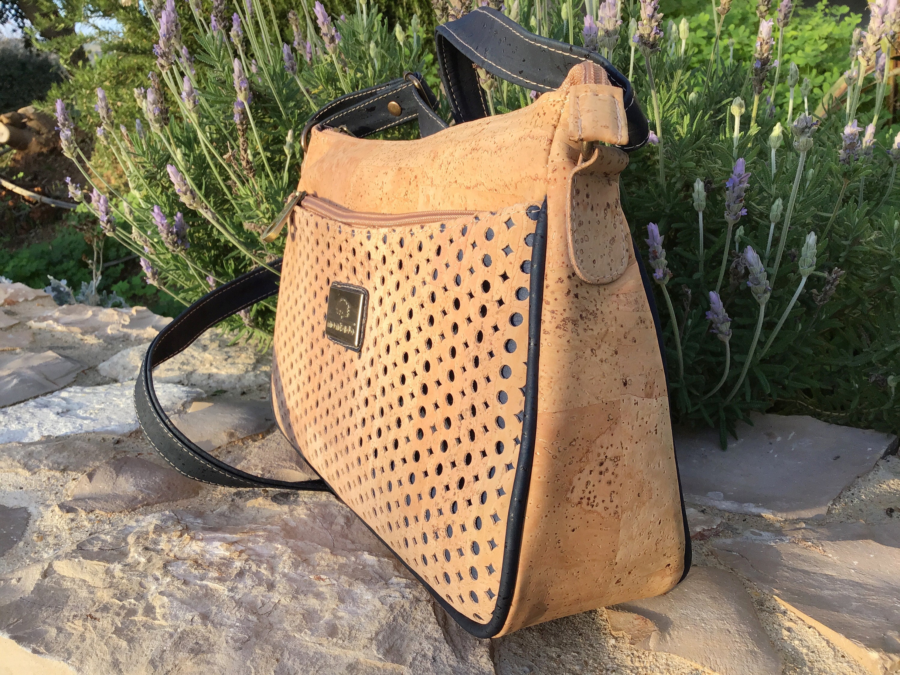 Cork shoulder / cross body bag Natural and blue Montado Vegan Eco Friendly