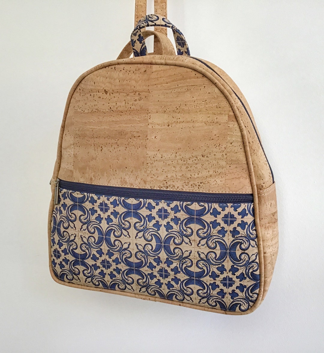 Mochila de corcho, corcho natural y azulejo, vegana, ecológica