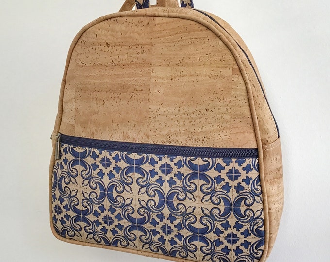 Cork back pack, natural and azulejo cork, Vegan, Eco Friendly, Wall tile, Ruckzack, Sac a Dos