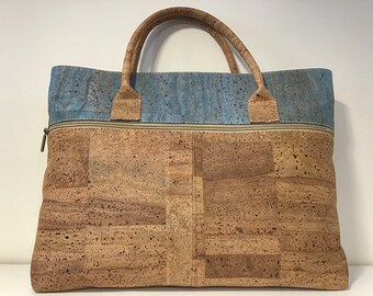 Cork work or travel bag, brown/blue, Vegan, Eco Friendly, Cruelty Free,
