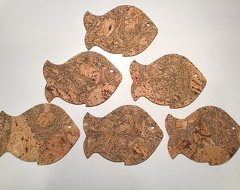 Cork fish shaped coasters, six, free shipping, Vegan, cruelty free, Eco Friendly