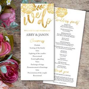 Wedding Program, Gold Foild Program, Customizable Wedding, Downloadable Wedding Program, Gold Foil 4 x 9.25 Wedding, Instant Download PDF