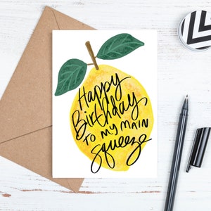 Cartão de aniversário para impressão, cartão de aniversário digital para download, fofo, limão espremido principal, inclui modelo de envelope, download instantâneo de JPG