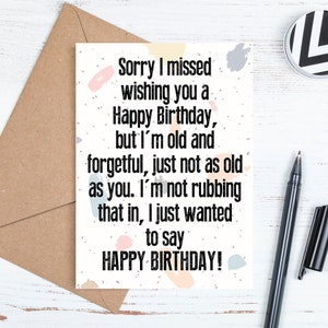 Cartão de aniversário tardio para impressão, cartão de feliz aniversário tardio para download, cartão engraçado, cartão de aniversário tardio, modelo de envelope, download JPG