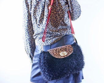 Bolso bandolera de leopardo negro, bolso con plumas sintéticas, bolso rojo, bolso vegano para mujer