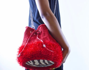 OFERTA Bolso de mano rojo tipo cubo, bolso vegano para mujer, bolso de mano mullido con cordón, bandolera con estampado de cebra