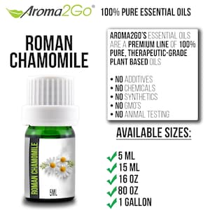 May include: A green glass bottle with a white cap and a label that says "Roman Chamomile" and "5ML". The bottle is filled with a clear liquid. The label also has a picture of chamomile flowers. The text "Aroma2Go 100% Pure Essential Oils" is at the top of the image. The text "Available Sizes" is at the bottom of the image, followed by a list of sizes: 5 ML, 15 ML, 16 OZ, 80 OZ, 1 GALLON.