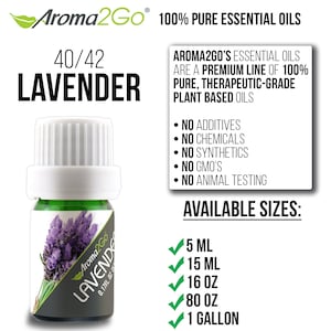 May include: A green glass bottle with a white cap containing 40/42 Lavender essential oil. The bottle is labeled with the brand name Aroma2Go and the text "Lavender 0.17FL. OZ". The product is 100% pure, therapeutic-grade, plant-based oil. Available sizes include 5 ml, 15 ml, 16 oz, 80 oz, and 1 gallon.