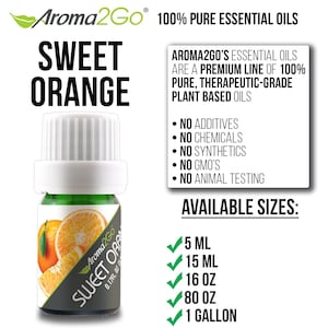 May include: A green glass bottle with a white cap containing Sweet Orange essential oil. The bottle is labeled with the brand name Aroma2Go and the text "Sweet Orange". The bottle is surrounded by images of oranges. The text "100% Pure Essential Oils" is displayed above the bottle. The text "Available Sizes" is displayed below the bottle, followed by a list of sizes: 5 ml, 15 ml, 16 oz, 80 oz, and 1 gallon.