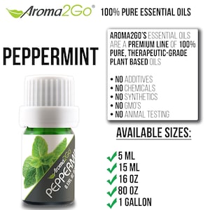 May include: A green glass bottle of peppermint essential oil with a white lid. The bottle is labeled "Aroma2Go Peppermint 0.17 fl oz". The text "100% Pure Essential Oils" is also visible. The bottle is available in sizes of 5 ml, 15 ml, 16 oz, 80 oz, and 1 gallon.